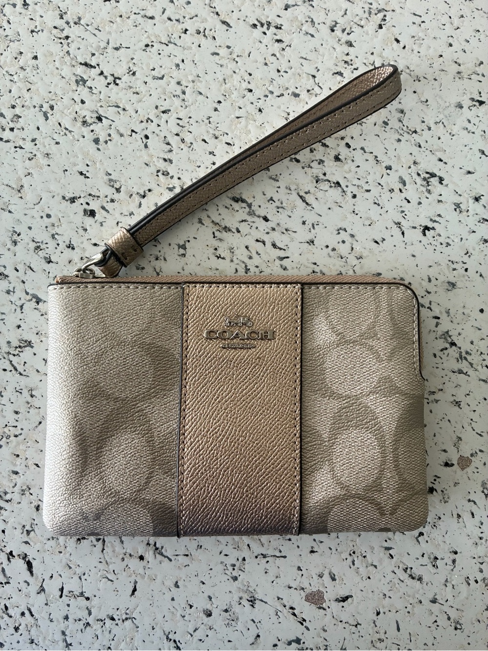 Coach Metallic Gold Signature Wristlet with Center Stripe